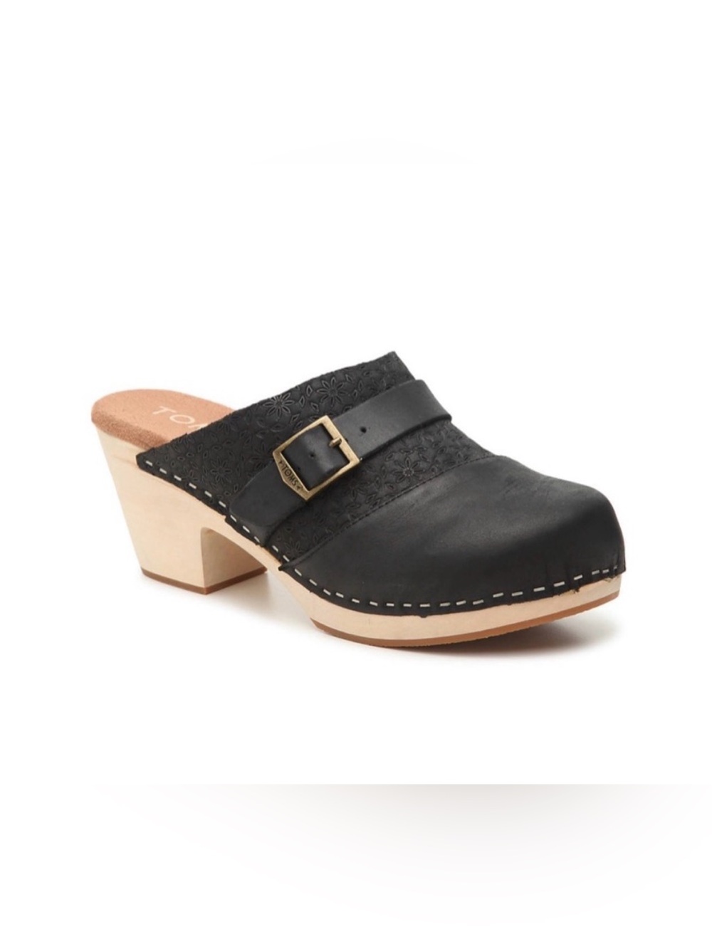 TOMS Elisa Black Leather Buckle Clog Mule with Wooden 3 Inch Heel Size 8.5
